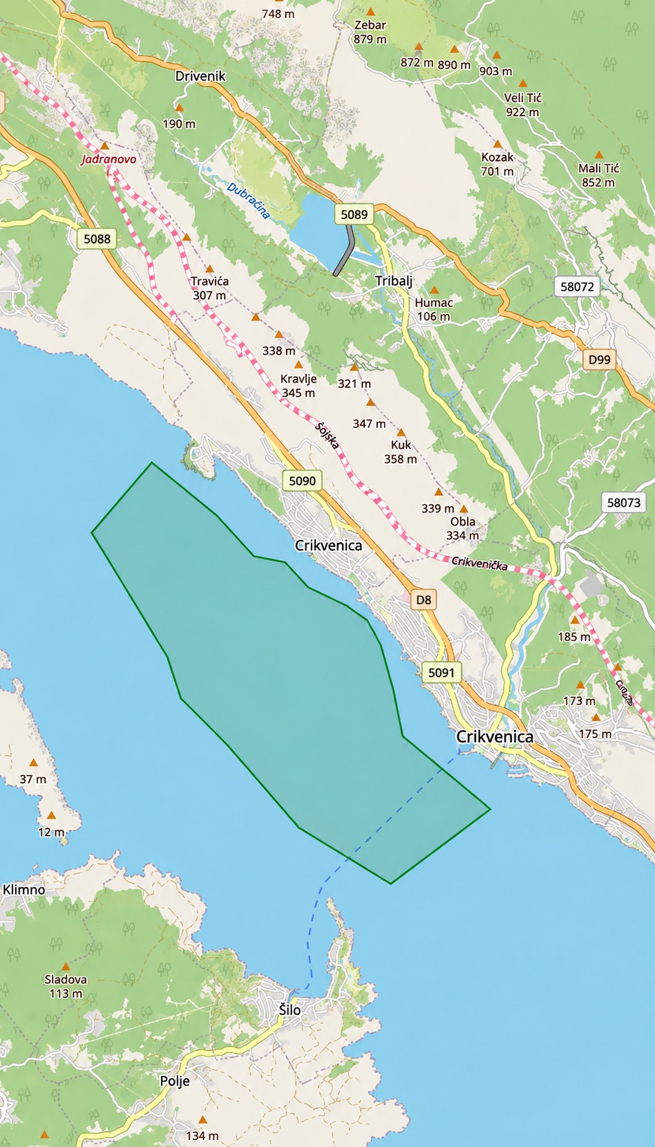 Karta zone plovidbe jet skijeva ispred Dramlja i Crikvenice